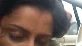 Lewd sinful Desi nympho with dark hair wanks and sucks dick in the car 